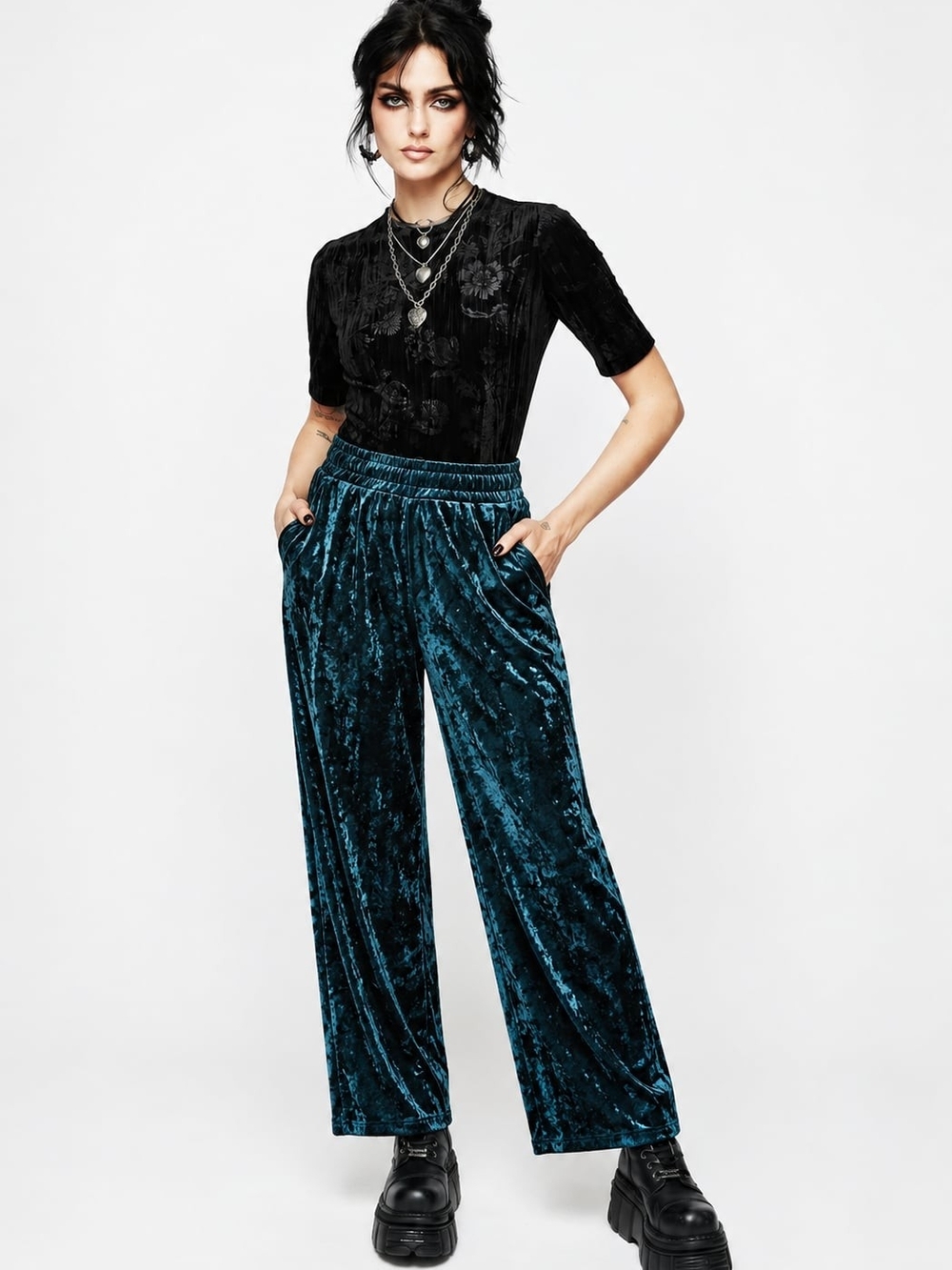 Teal Velvet Elastic Waist Wide-Leg Pants With Pockets Whimsigoth